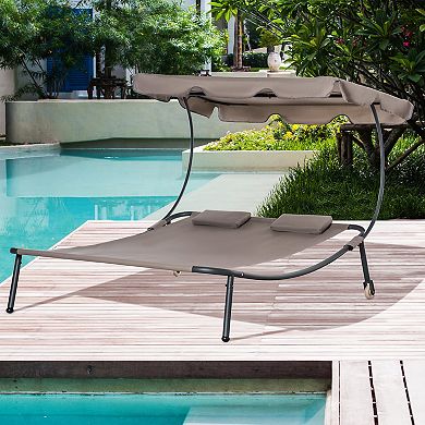 Outsunny Patio Double Chaise Lounge Chair, Outdoor Wheeled Hammock Daybed with Adjustable Canopy and Pillow for Sun Room, Garden, or Poolside, Grey