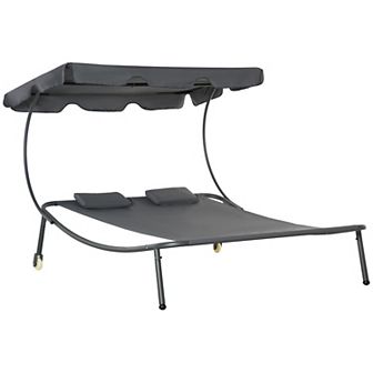 Patio Double Chaise Lounge Wheeled Hammock Daybed W/ Adjustable Canopy, Grey