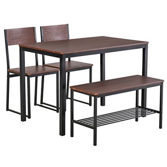 HOMCOM Industrial 4 pc Dining Room Table Set with Bench Wooden Kitchen Table and Chairs w/ Storage Rack for Kitchen Dinette Black/Brown