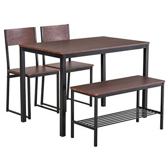 HOMCOM Industrial 4 pc Dining Room Table Set with Bench Wooden Kitchen Table and Chairs w/ Storage Rack for Kitchen Dinette Black/Brown