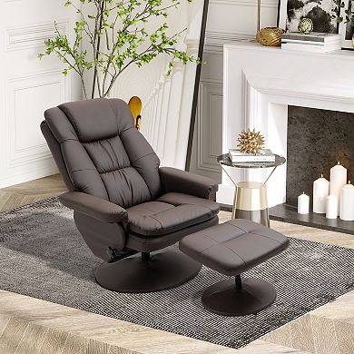 HOMCOM Recliner and Ottoman with Wrapped Base Swivel PU Leather Reclining Chair with Footrest for Living Room Bedroom and Office Brown