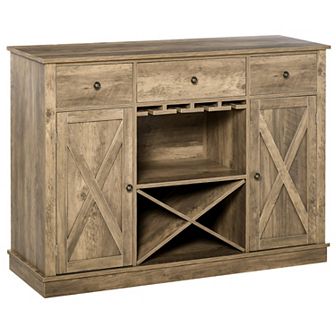 HOMCOM Farmhouse Sideboard Buffet Accent Storage Cabinet with X Shaped Wine Rack Stemware Holder 3 Drawers