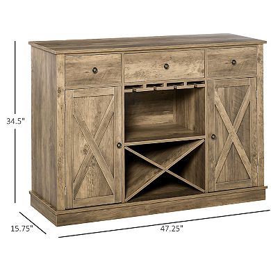 HOMCOM Farmhouse Sideboard Buffet Accent Storage Cabinet with X Shaped Wine Rack Stemware Holder 3 Drawers