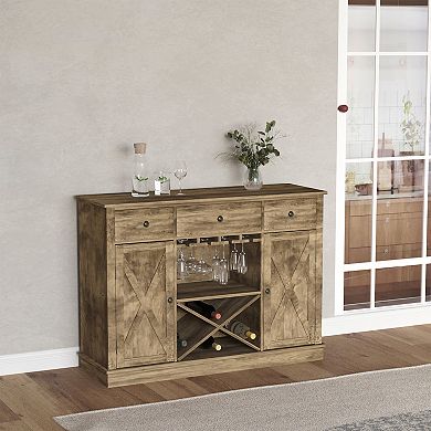HOMCOM Farmhouse Sideboard Buffet Accent Storage Cabinet with X Shaped Wine Rack Stemware Holder 3 Drawers