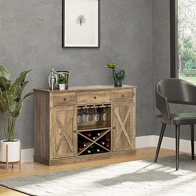 HOMCOM Farmhouse Sideboard Buffet Accent Storage Cabinet with X Shaped Wine Rack Stemware Holder 3 Drawers