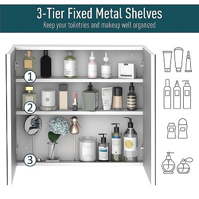 2 Door Floating Restroom Bathroom Vanity Mirror W/3-tier Storage Shelves 24"x22"