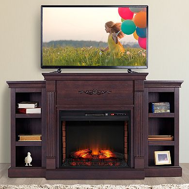 HOMCOM Electric Fireplace Freestanding 1400W Artificial Flame Effect with Detachable Side Cabinets Wood Dark Brown