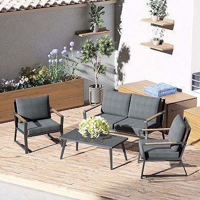 Outsunny 4 Piece Patio Furniture Set Aluminium Conversation Set Outdoor Garden Sofa Set w/ Widened Armchairs Loveseat Center Coffee Table and Cushions Dark Grey