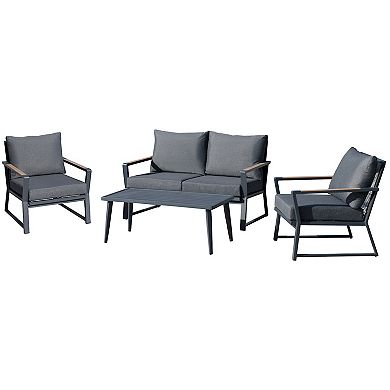 Outsunny 4 Piece Patio Furniture Set Aluminium Conversation Set Outdoor Garden Sofa Set w/ Widened Armchairs Loveseat Center Coffee Table and Cushions Dark Grey