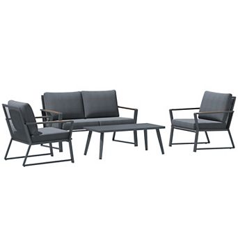 Outsunny 4 pc Patio Furniture Set Aluminium Conversation Set Outdoor Garden Sofa Set w/ Widened Armchairs Loveseat Center Coffee Table and Cushions Dark Grey