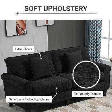 HOMCOM Modern 3 Seater Sofa 78" Thick Padded Comfy Couch with 2 Pillows Corduroy Fabric Upholstery Pine Wood Legs and Rounded Arms for Living Room Black