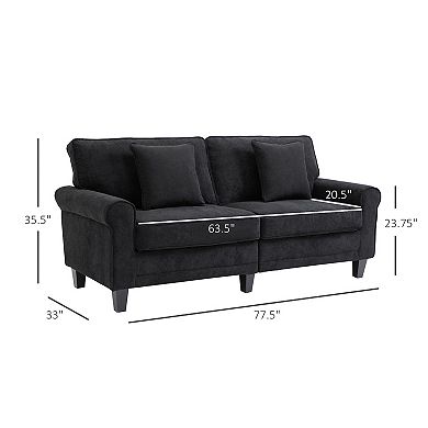 HOMCOM Modern 3 Seater Sofa 78" Thick Padded Comfy Couch with 2 Pillows Corduroy Fabric Upholstery Pine Wood Legs and Rounded Arms for Living Room Black