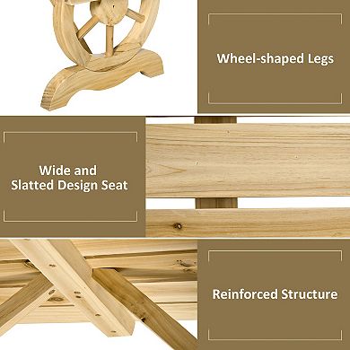 2-person Wooden Outdoor Garden Patio Bench W/ Wagon Wheel Style Legs, Brown