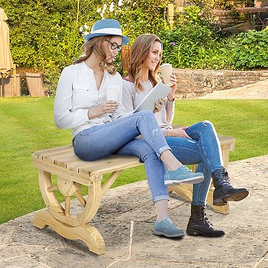 2-person Wooden Outdoor Garden Patio Bench W/ Wagon Wheel Style Legs, Brown