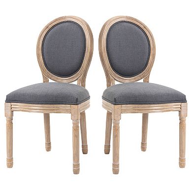2pc French-style Dining Accent Chairs Set W/ Linen Upholstery & Wood Legs Beige