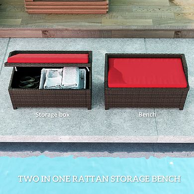 Outsunny Wicker Storage Bench Deck Box with Comfortable Cushion