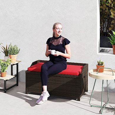 Outsunny Wicker Storage Bench Deck Box with Comfortable Cushion