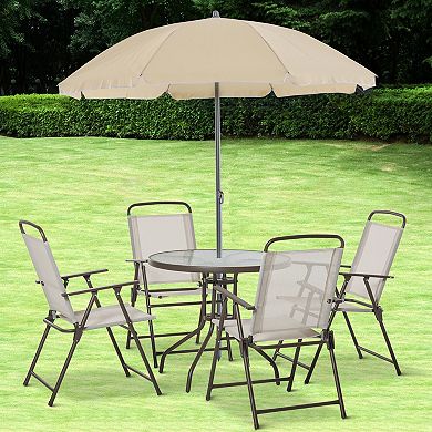 6 Piece Patio Dining Set With Umbrella, 4 Folding Chairs & Glass Table