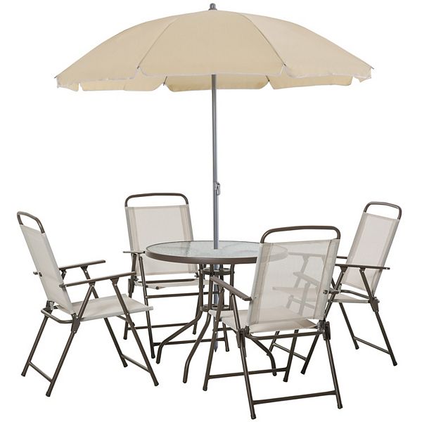 6 Piece Patio Dining Set With Umbrella, 4 Folding Chairs & Glass Table