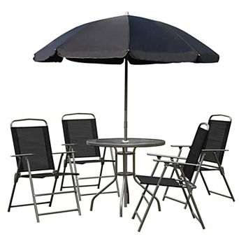 6 pc Patio Dining Set With Umbrella, 4 Folding Chairs & Glass Table