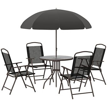 Outsunny 6 pc Patio Dining Set with Garden Umbrella, 4 Folding Chairs