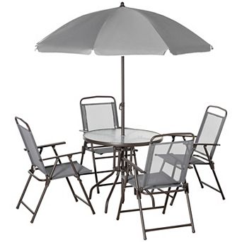6 pc Patio Dining Set With Umbrella, 4 Folding Chairs & Glass Table