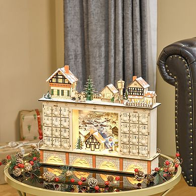 Christmas Advent Calendar, Light Up Wooden Store W/ Countdown Drawer, Village