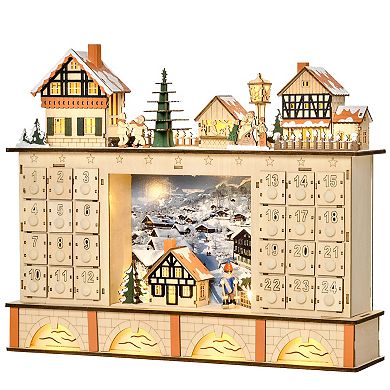 Christmas Advent Calendar, Light Up Wooden Store W/ Countdown Drawer, Village