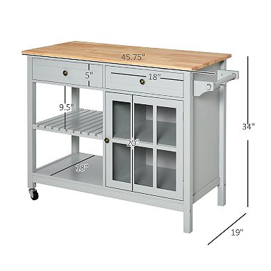 Rolling Kitchen Organizer Storage Serving Trolley With Rubber Wood Top, Grey
