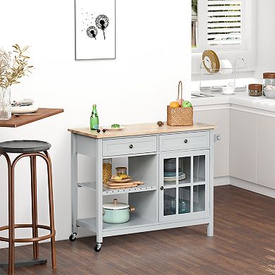 Rolling Kitchen Organizer Storage Serving Trolley With Rubber Wood Top, Grey