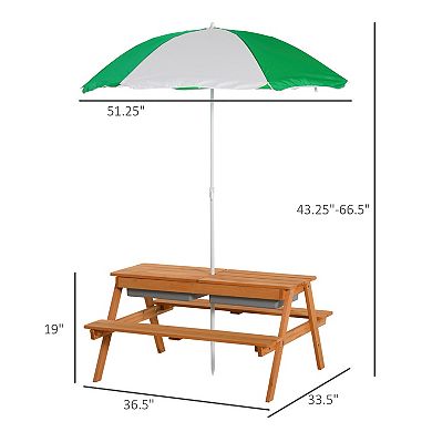 Fir Wood Kids Table Set With Parasol And Storage Space, Natural Wood Color