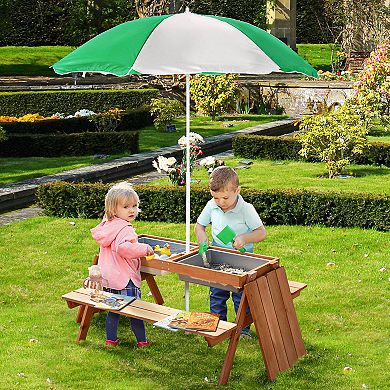 Fir Wood Kids Table Set With Parasol And Storage Space, Natural Wood Color