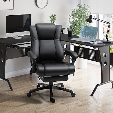 Thick Padded Computer Desk Chair With Retractable Footrest And Recline, Black