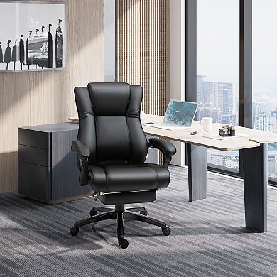 Thick Padded Computer Desk Chair With Retractable Footrest And Recline, Black
