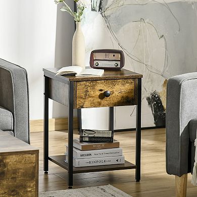 Rustic Side Table Night Stand W/ Storage Shelf & Drawer For Living Room, Brown