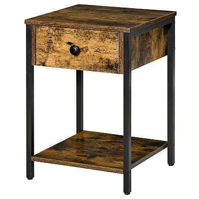 Rustic Side Table Night Stand W/ Storage Shelf & Drawer For Living Room, Brown