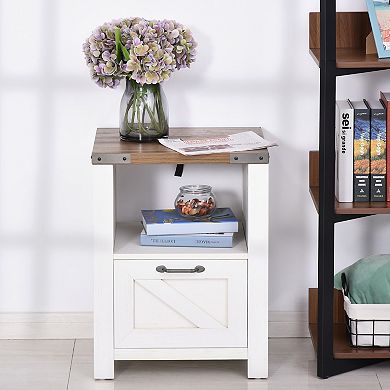 Wooden Freestanding Industrial Side Table With Mulitple Storage Solutions, Oak
