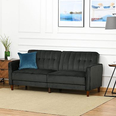 HOMCOM Convertible Sofa Sleeper Futon with Split Back Design Recline Thick Padded Velvet Touch Cushion Seating and Wood Legs Black