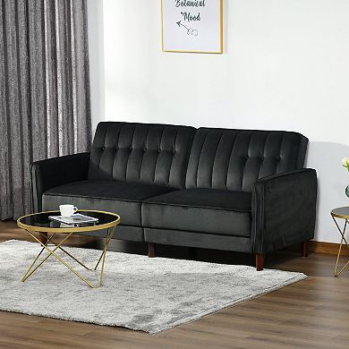 HOMCOM Convertible Sofa Sleeper Futon with Split Back Design Recline Thick Padded Velvet Touch Cushion Seating and Wood Legs Black