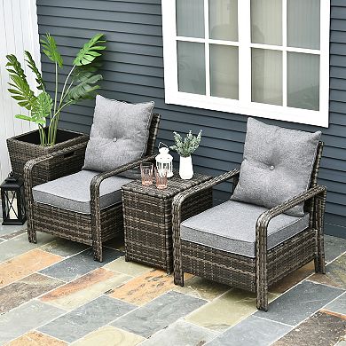 3pc Pe Rattan Garden Wicker Bistro Set 2 Padded Armchair, Table With Storage
