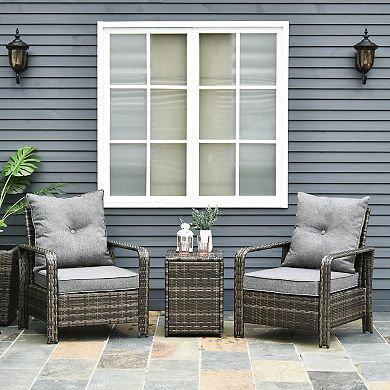 3pc Pe Rattan Garden Wicker Bistro Set 2 Padded Armchair, Table With Storage