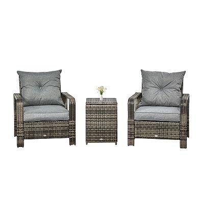 3pc Pe Rattan Garden Wicker Bistro Set 2 Padded Armchair, Table With Storage