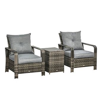 3 pc Pe Rattan Garden Wicker Bistro Set 2 Padded Armchair, Table With Storage