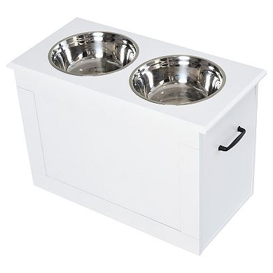 PawHut Raised Pet Feeding Storage Station with 2 Stainless Steel Bowls Base for Large Dogs and Other Large Pets White