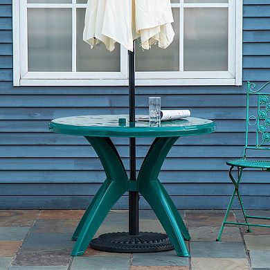 Outsunny Patio Dining Table with Umbrella Hole Round Outdoor Bistro Table for Garden Lawn Backyard, Green