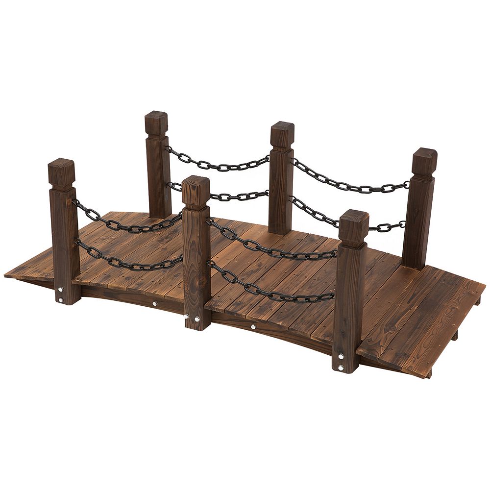 Outsunny 5ft Wooden Garden Bridge Arc Walkway,Metal Chain Railings
