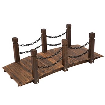 Wooden Garden Bridge Arc Stained Finish Walkway With Metal Chain Railings