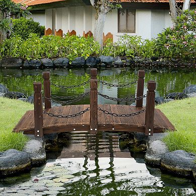 Wooden Garden Bridge Arc Stained Finish Walkway With Metal Chain Railings