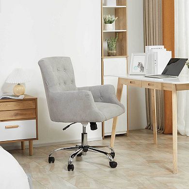 HOMCOM Mid Back Modern Home Office Chair with Tufted Button Design and Padded Armrests Swivel Computer Desk Chair for Study Living Room Bedroom Gray