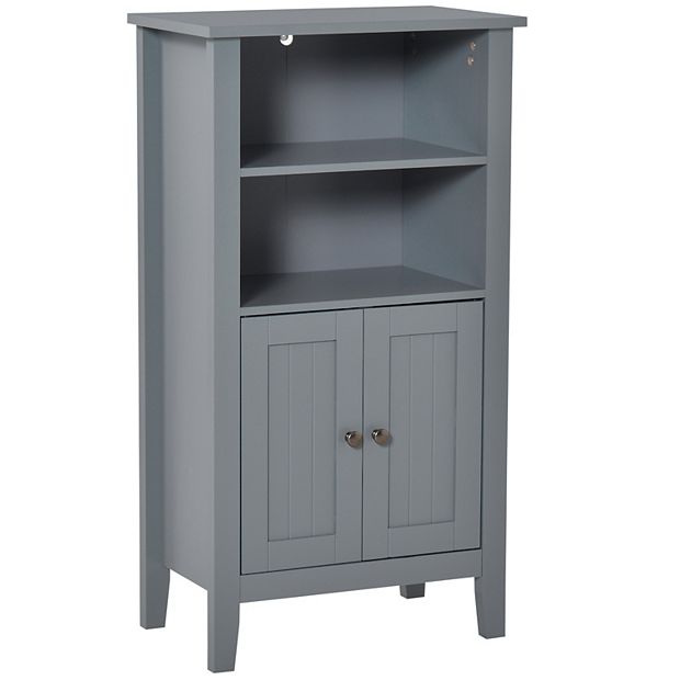 kleankin Bathroom Cabinet Organizer with 2-Tier Open Shelves, Double Door Enclosed Storage and Elevated Base - Grey